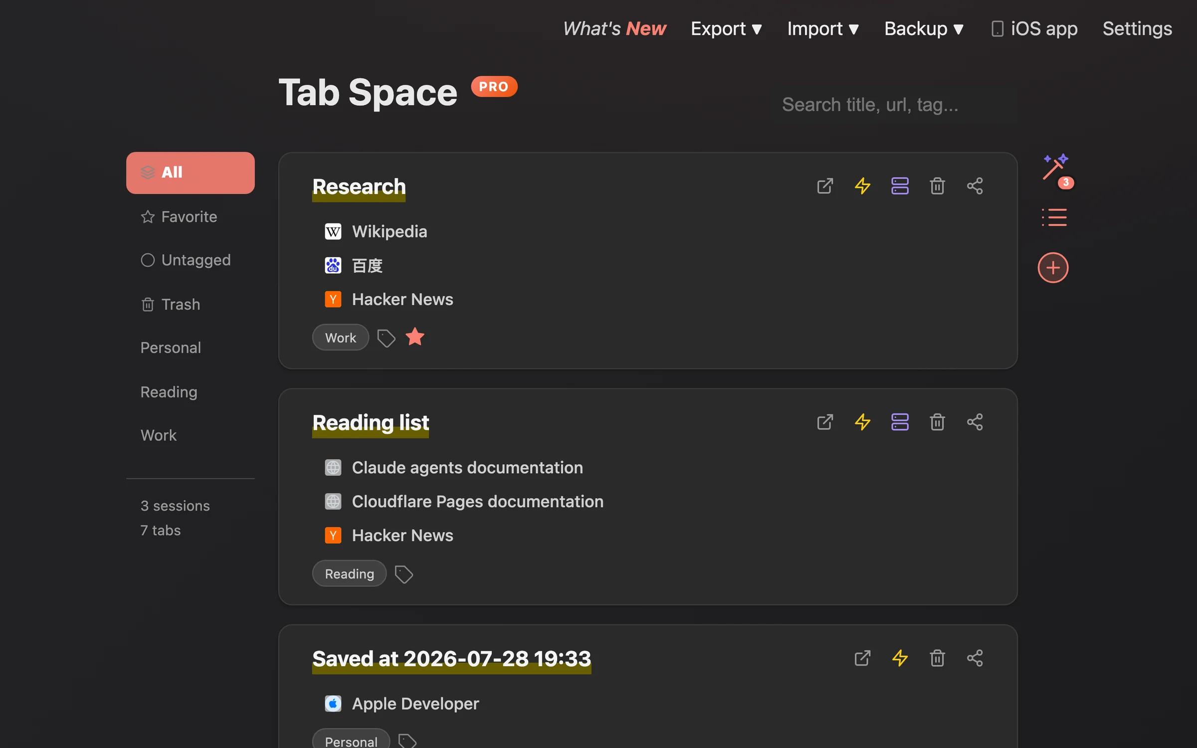Tab Space dashboard in dark mode with saved sessions