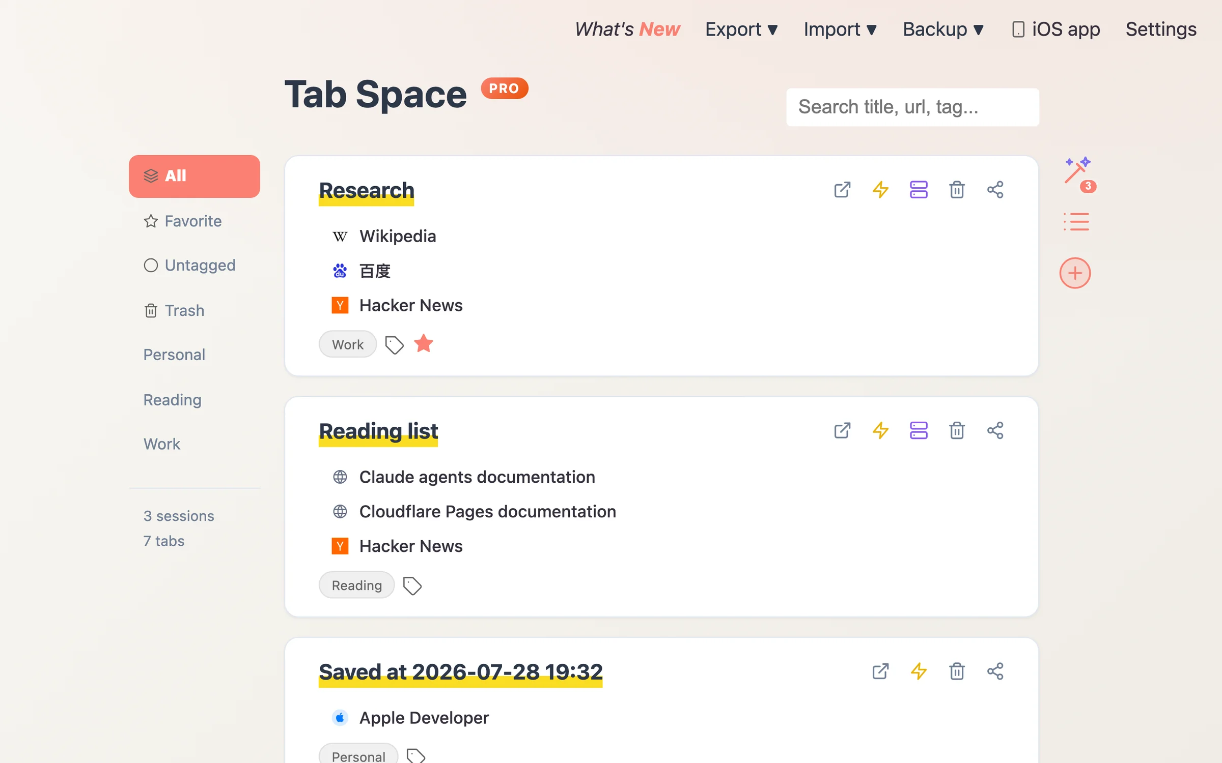 Tab Space dashboard with saved sessions, tags, and search