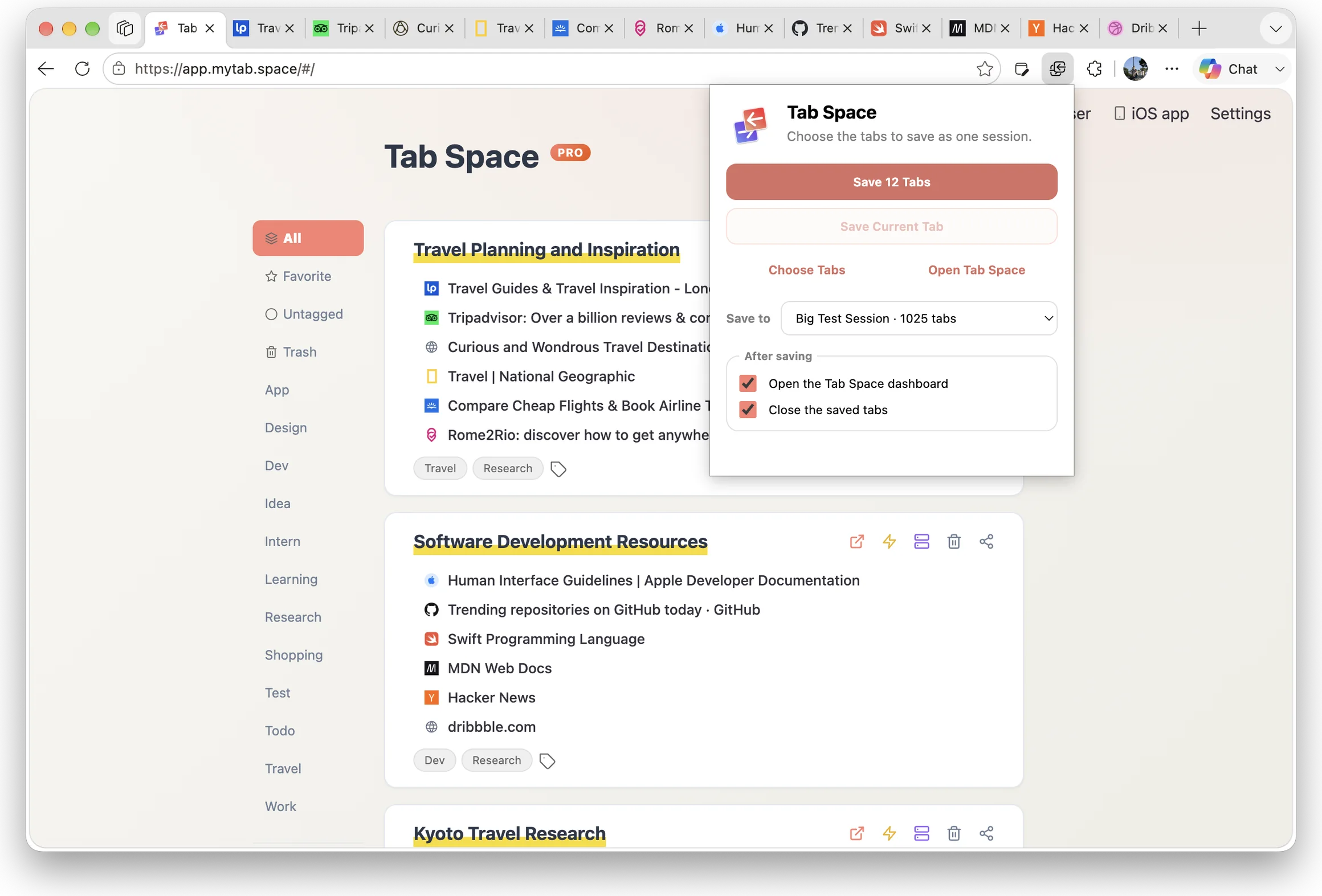 The Tab Space extension popup open in Microsoft Edge, offering to save 12 open tabs as one session, above the Tab Space dashboard listing sessions saved from other browsers
