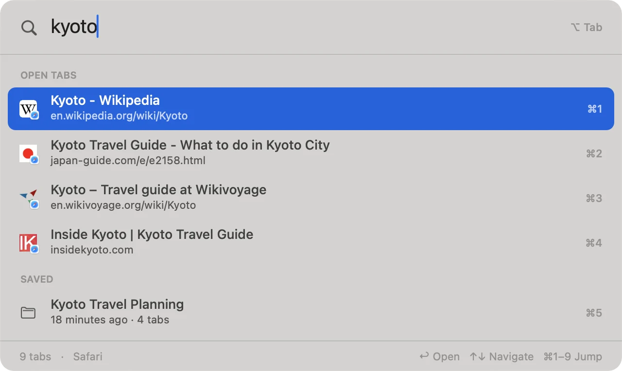 Tab Space Browser Tab Switcher showing open tabs and a saved Kyoto session